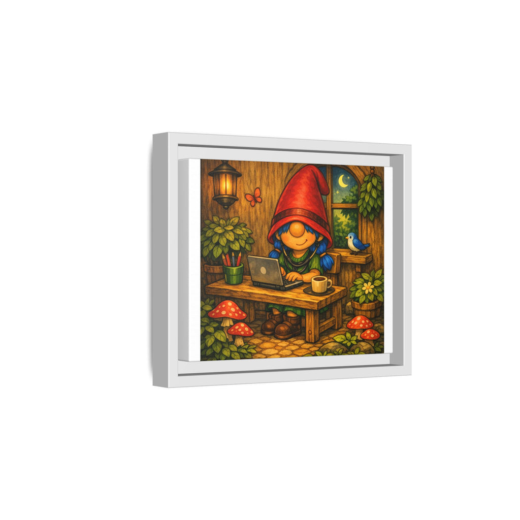 Gnome Girl with Blue Hair Workspace Framed Canvas Art — Cozy Night Cottage Illustration
