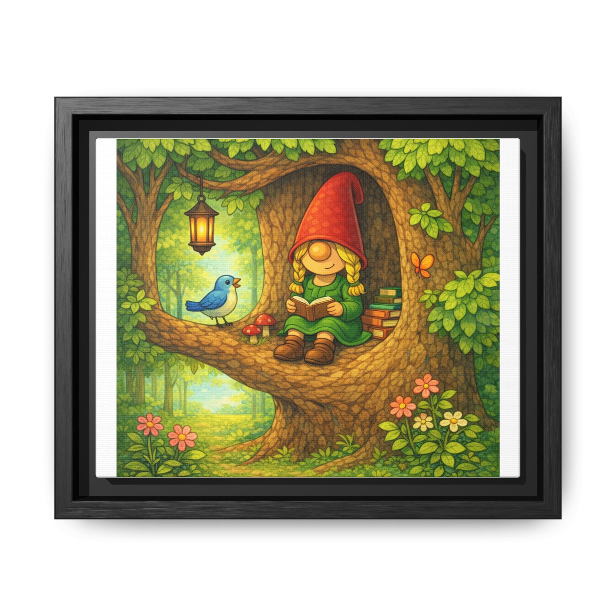 Whimsical Gnome Girl Reading in Tree Matte Canvas Print — Framed Forest Wall Art