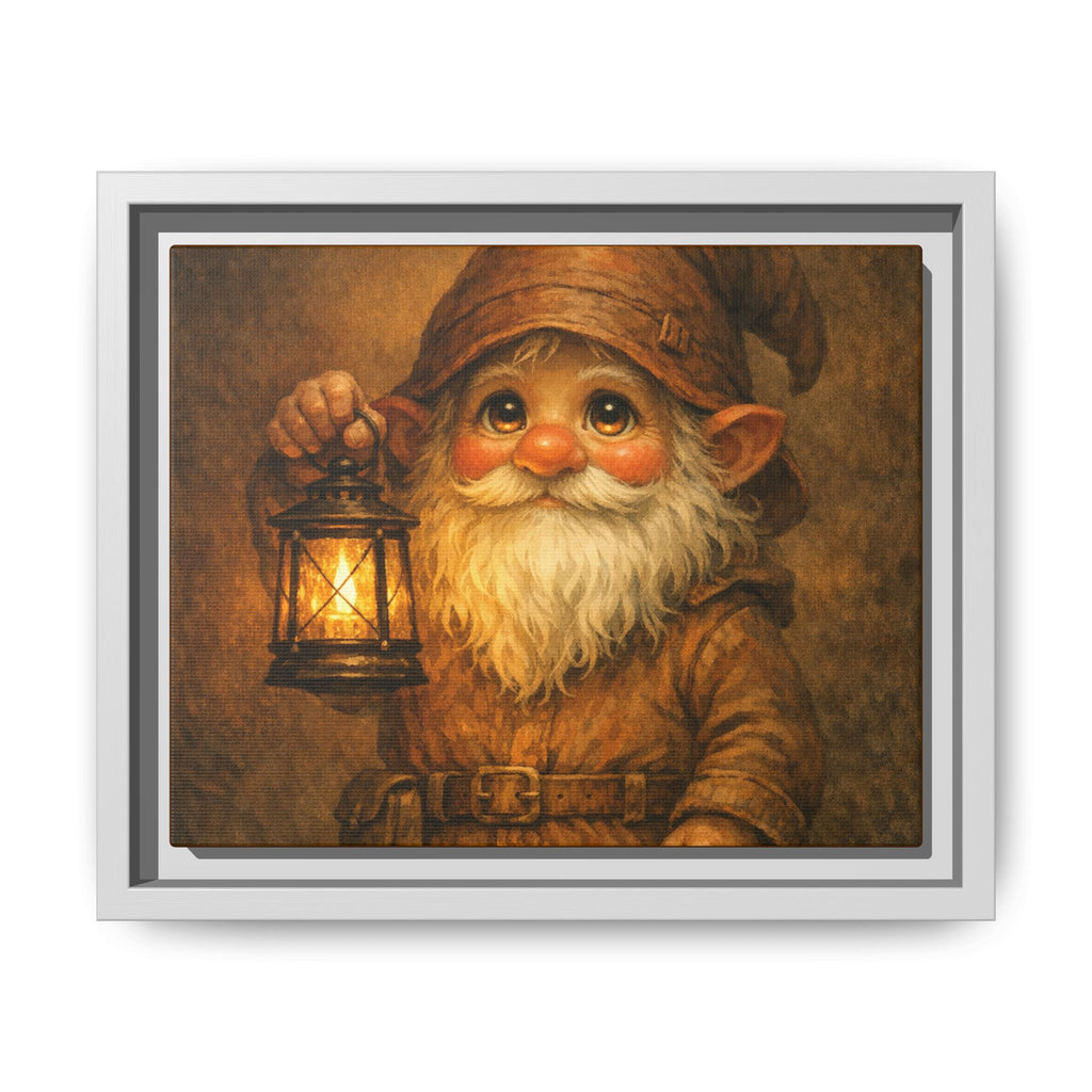 Bright eyes Gnome Lantern Framed Canvas Art — Whimsical Cozy Nursery Wall Decor