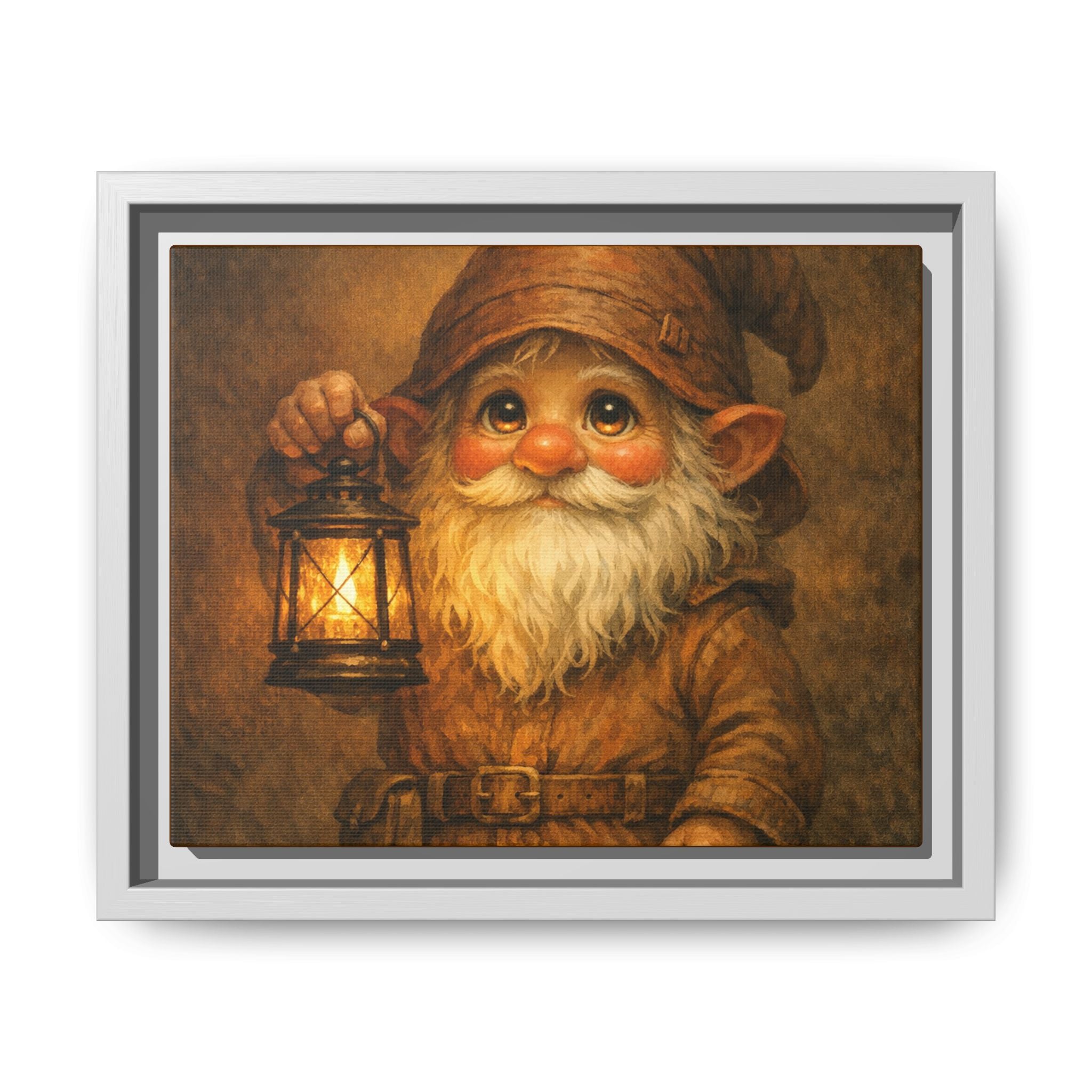 Bright eyes Gnome Lantern Framed Canvas Art — Whimsical Cozy Nursery Wall Decor