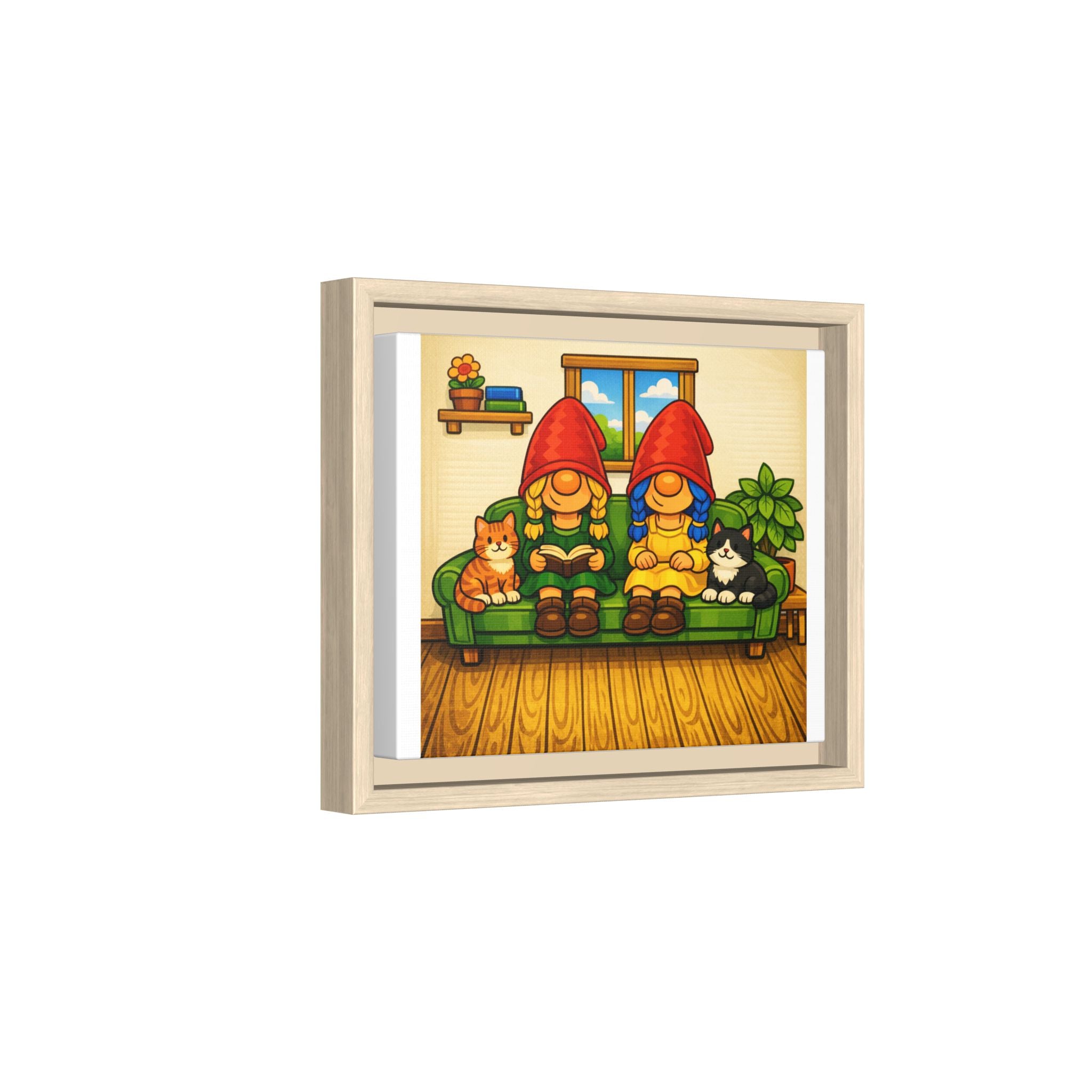Gnome Girls on Sofa with Cats— Framed Matte Canvas Wall Art