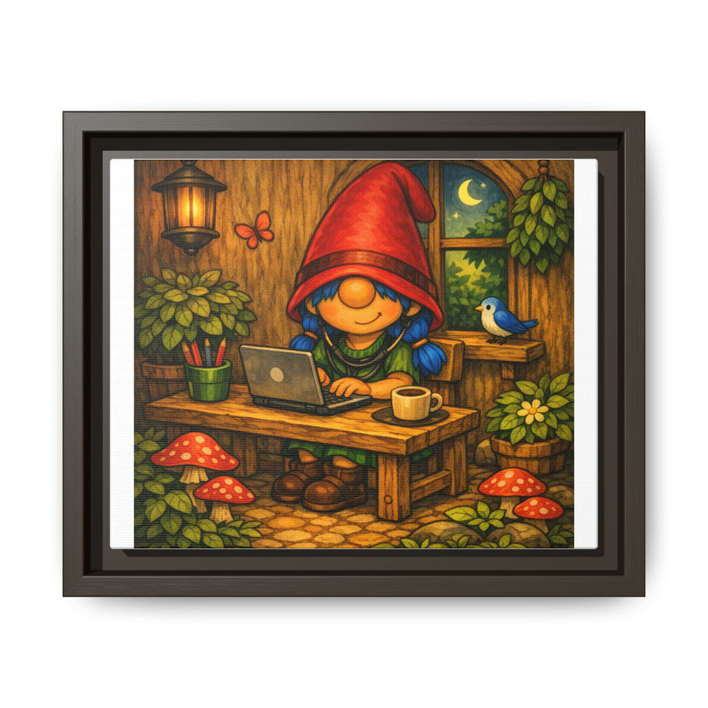 Gnome Girl with Blue Hair Workspace Framed Canvas Art — Cozy Night Cottage Illustration