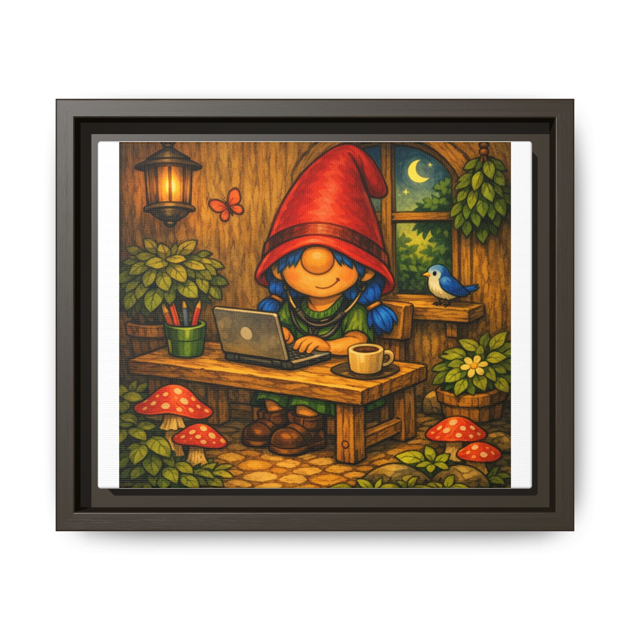 Gnome Girl with Blue Hair Workspace Framed Canvas Art — Cozy Night Cottage Illustration