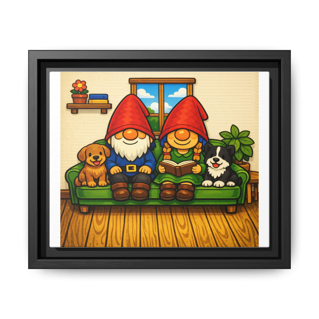Gnome Family and Puppies Matte Canvas Print — Framed Wall Art with Dogs