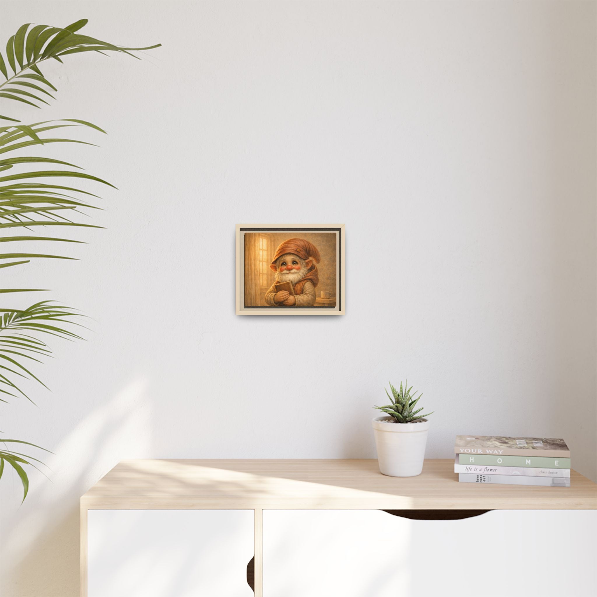 Framed Matte Canvas — Bright Eyes Whimsical Gnome Holding Book Wall Art