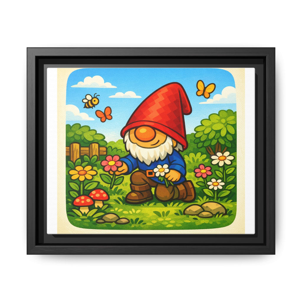 Framed Gnome Boy Garden picking Flowers Matte Canvas Print — Whimsical Woodland Wall Art