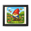 Framed Gnome Boy Garden picking Flowers Matte Canvas Print — Whimsical Woodland Wall Art