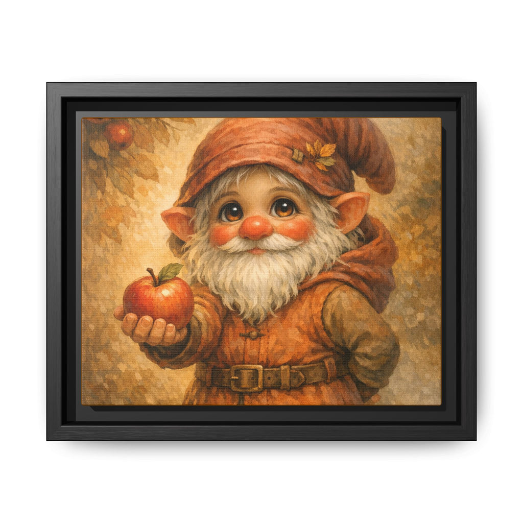 Bright Eyes Framed Gnome Canvas Print — Autumn Elf Holding Apple Wall Art