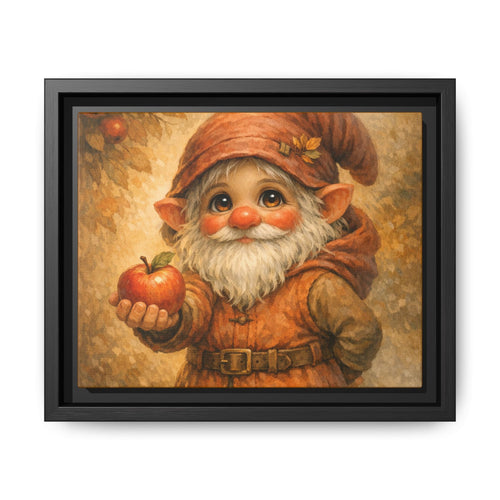 Bright Eyes Framed Gnome Canvas Print — Autumn Elf Holding Apple Wall Art