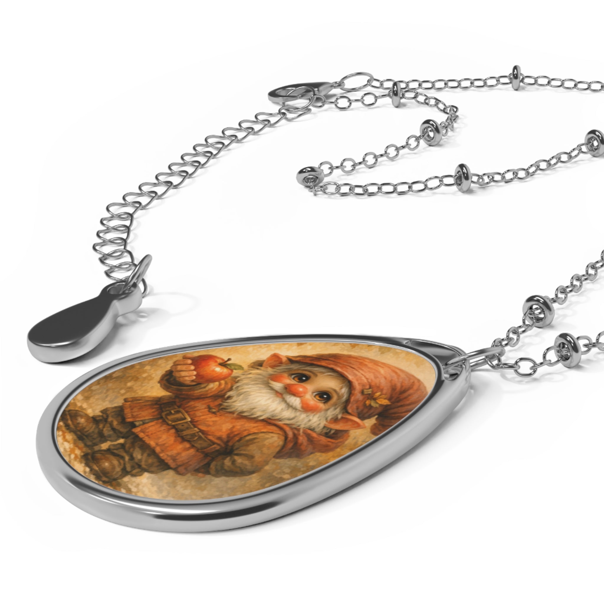 Vintage Gnome Oval Pendant Necklace — Cute Woodland Holiday Jewelry