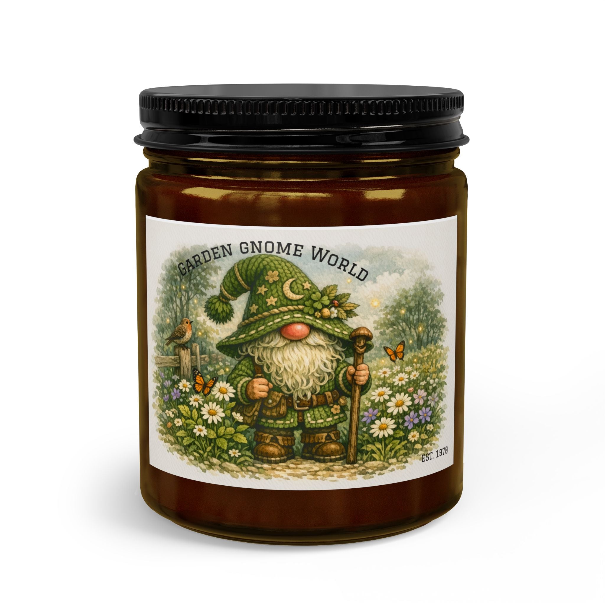 High Hat Green Garden Gnome Candle Set — Soy Jar Candle with Matches & Wick Trimmer