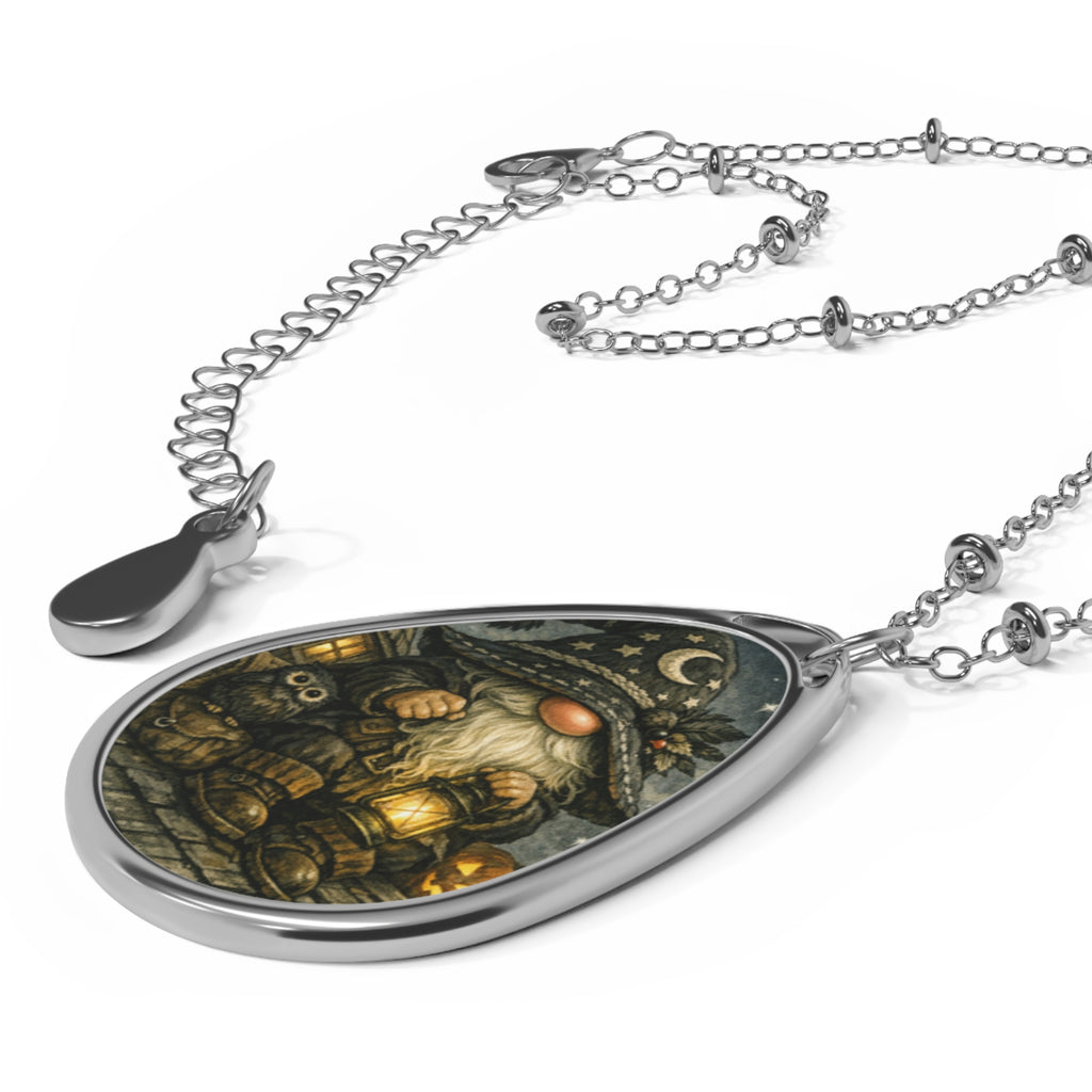 Oval Pendant Necklace — Whimsical Night Gnome Illustration Jewelry
