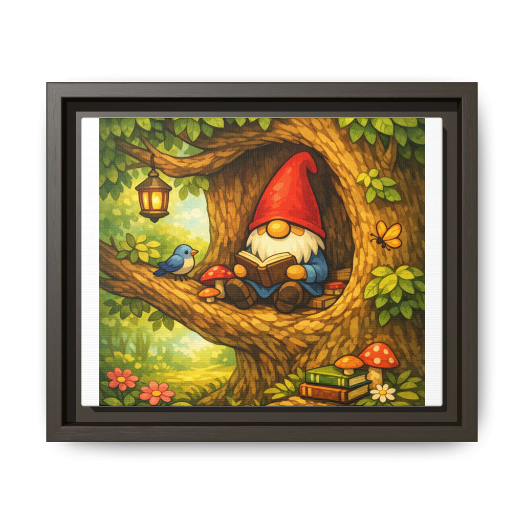 Cute Gnome Boy reading in Tree - Matte Canvas Framed Art — Back to School Teacher Gift