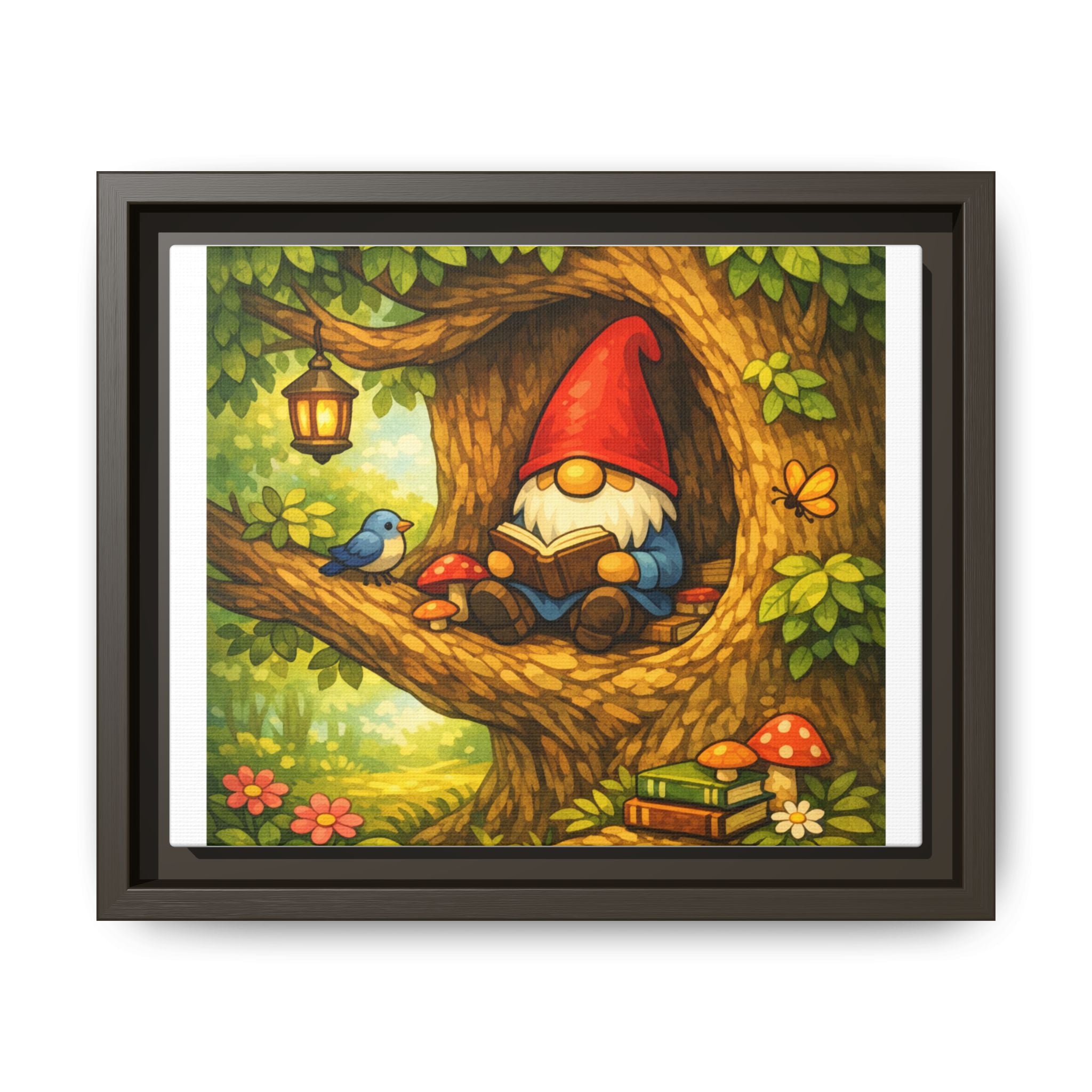 Cute Gnome Boy reading in Tree - Matte Canvas Framed Art — Back to School Teacher Gift