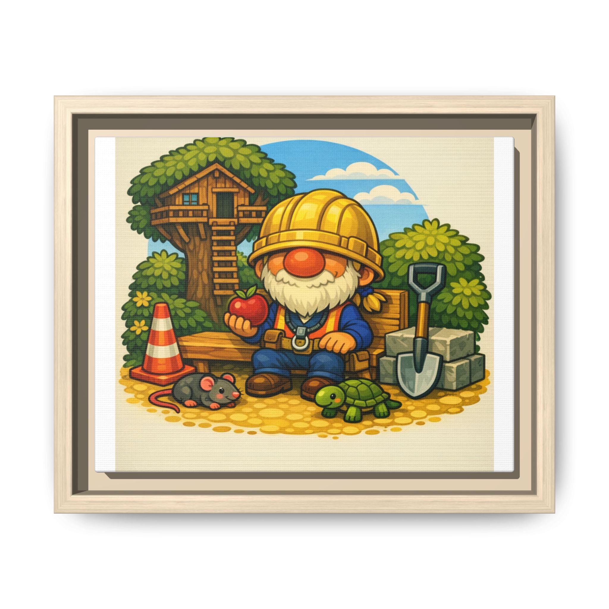 Construction Gnome Boy Matte Framed Canvas Art — Cute Garden Worker Wall Decor