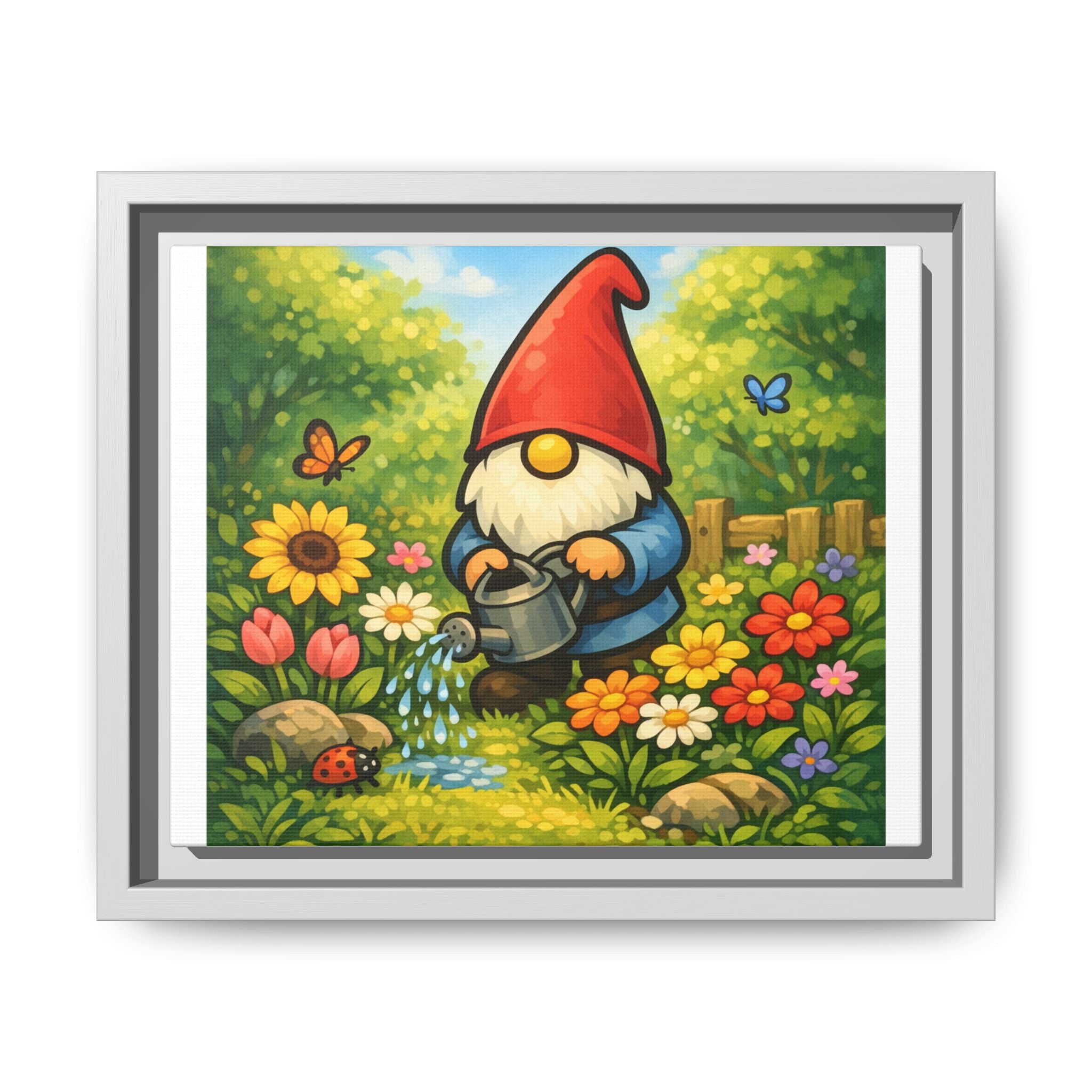 Gnome Watering Flowers Garden Matte Canvas Print (Framed) — Colorful Spring Wall Art