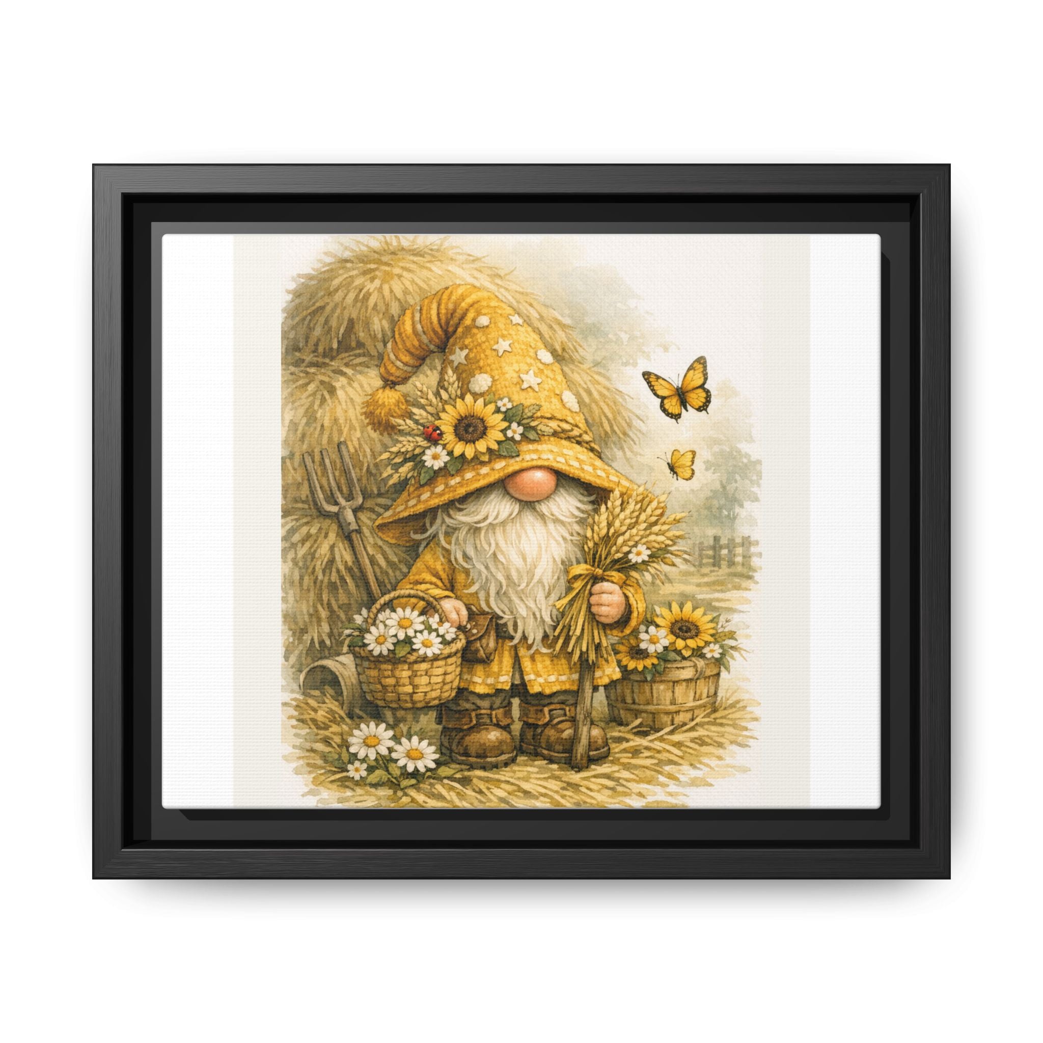 High Hat Sunflower Gnome Framed Canvas Print — Rustic Autumn Wall Art