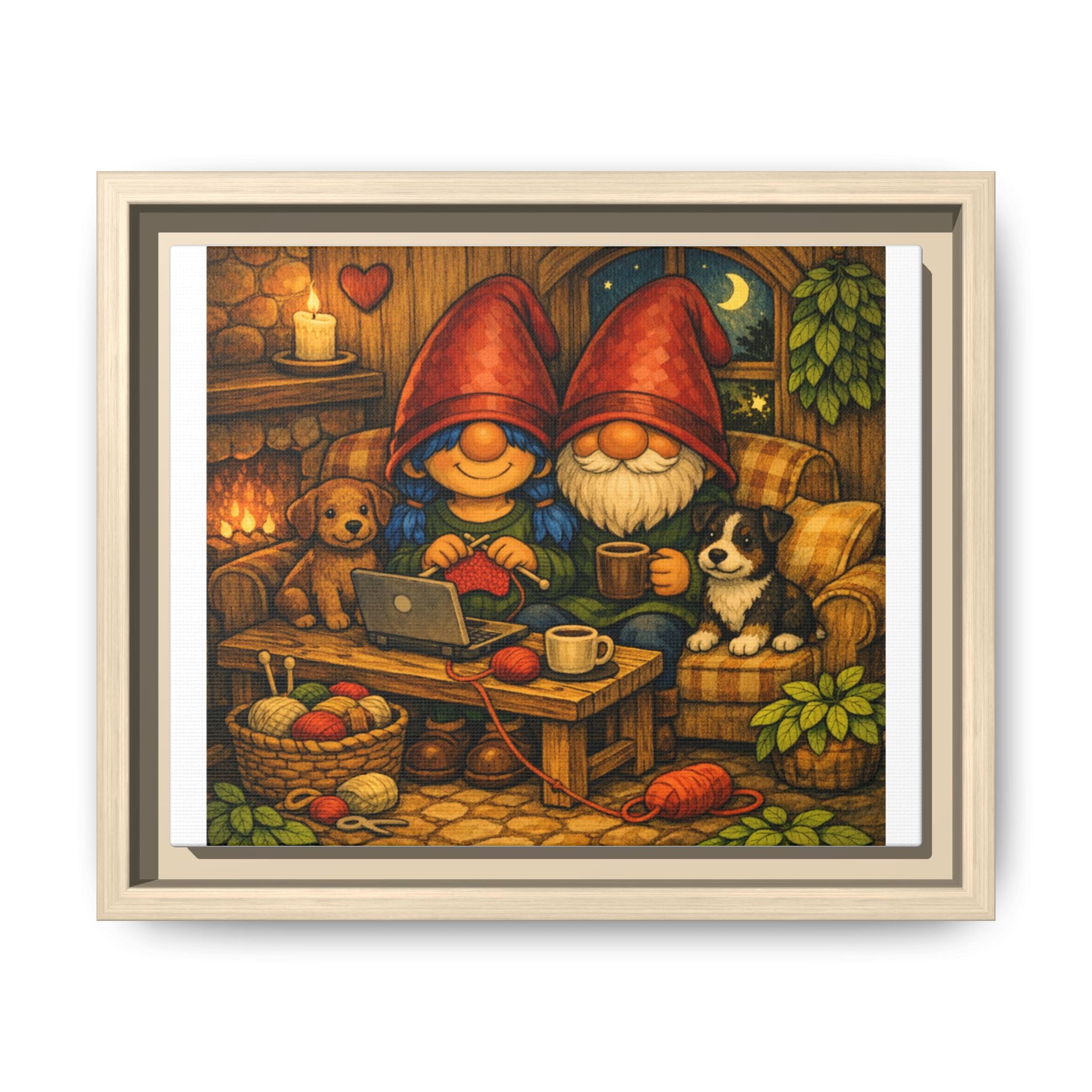 Cozy Gnome Couple Framed with Puppies Canvas Art — Warm Cottage Illustration