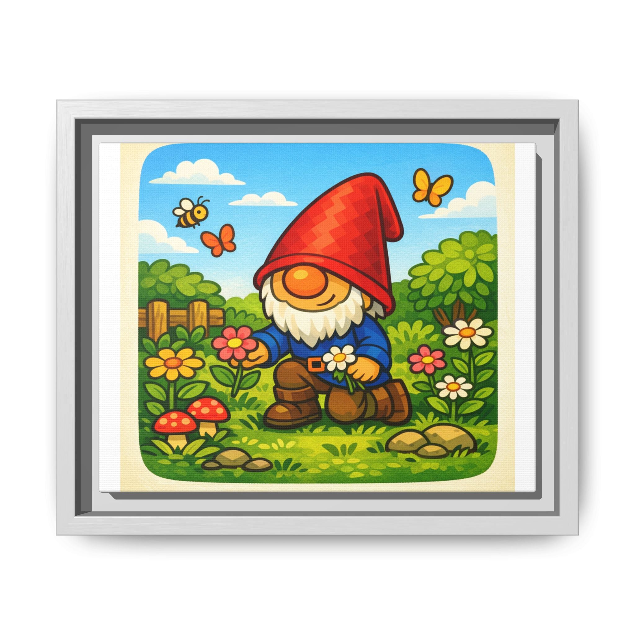 Framed Gnome Boy Garden picking Flowers Matte Canvas Print — Whimsical Woodland Wall Art