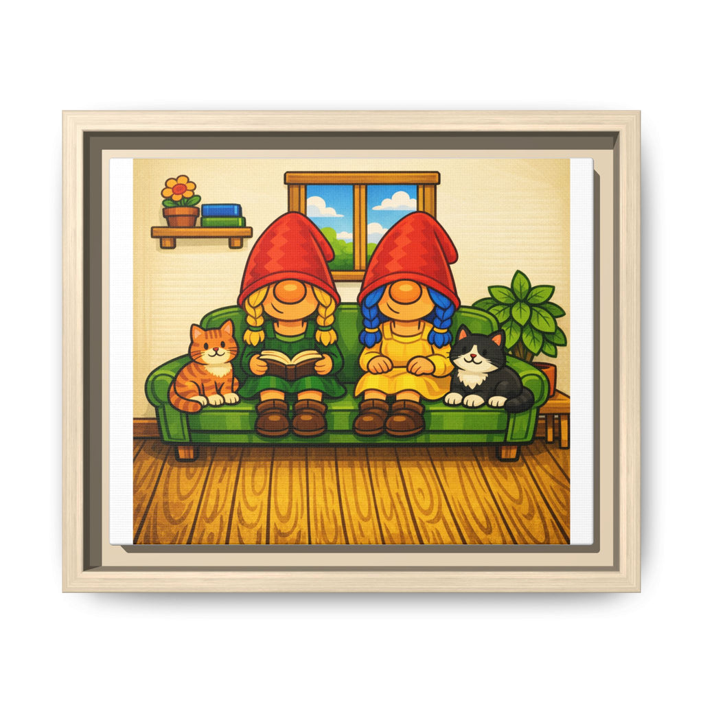 Gnome Girls on Sofa with Cats— Framed Matte Canvas Wall Art