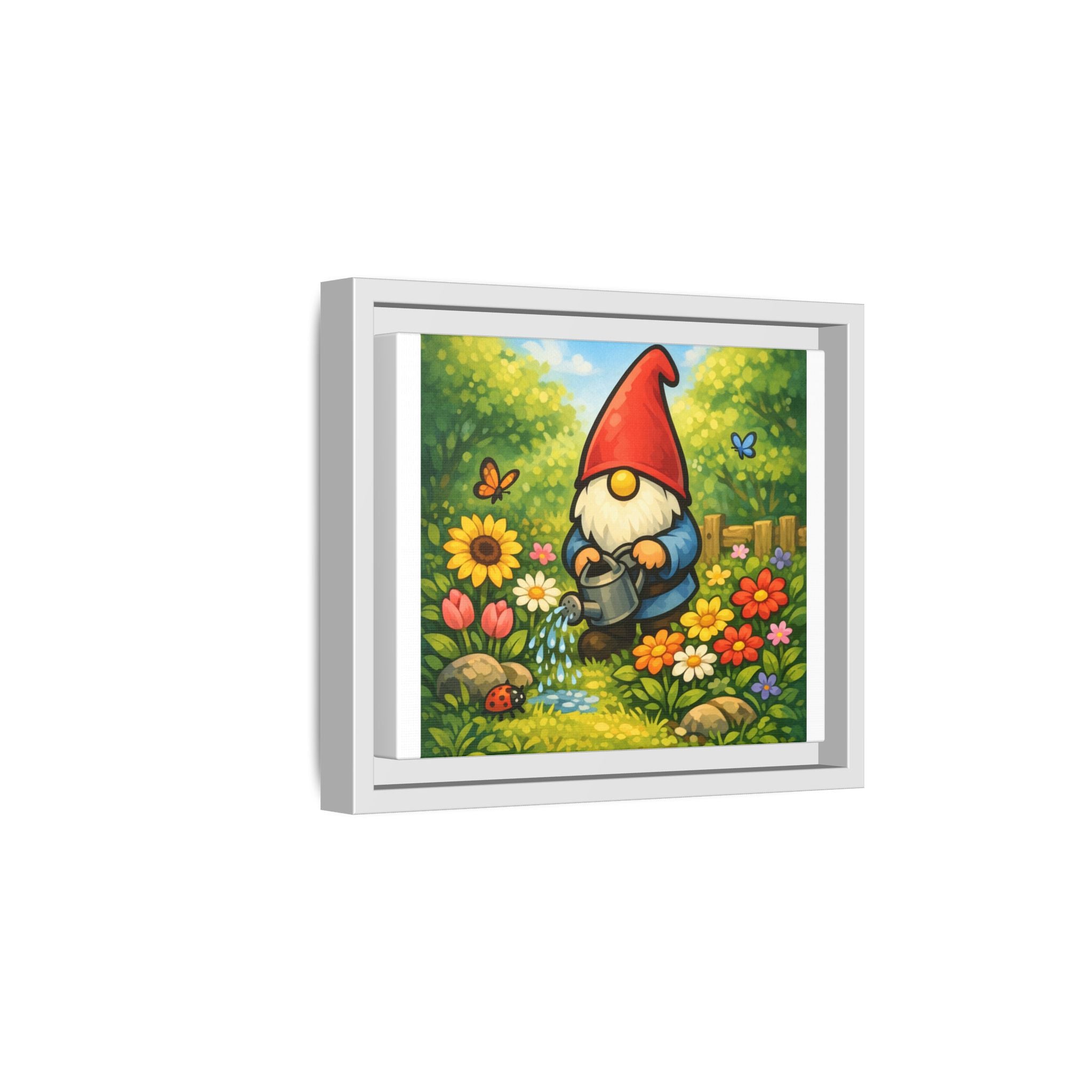 Gnome Watering Flowers Garden Matte Canvas Print (Framed) — Colorful Spring Wall Art