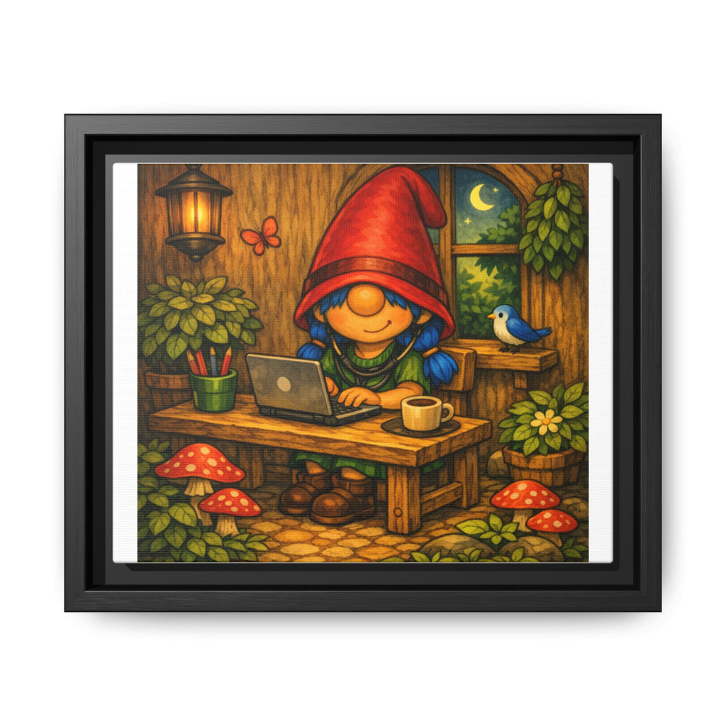 Gnome Girl with Blue Hair Workspace Framed Canvas Art — Cozy Night Cottage Illustration
