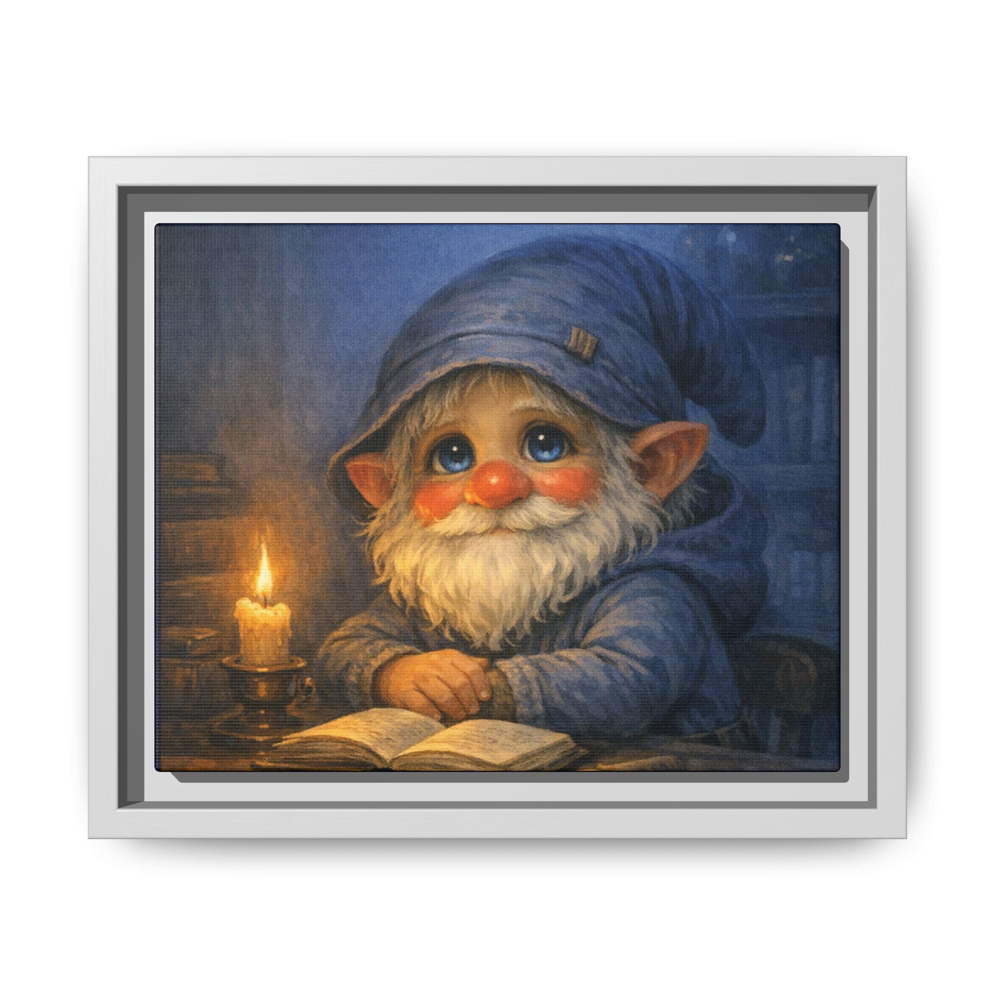 Bright Eyes Reading Gnome Matte Canvas Print — Framed Nursery Wall Art