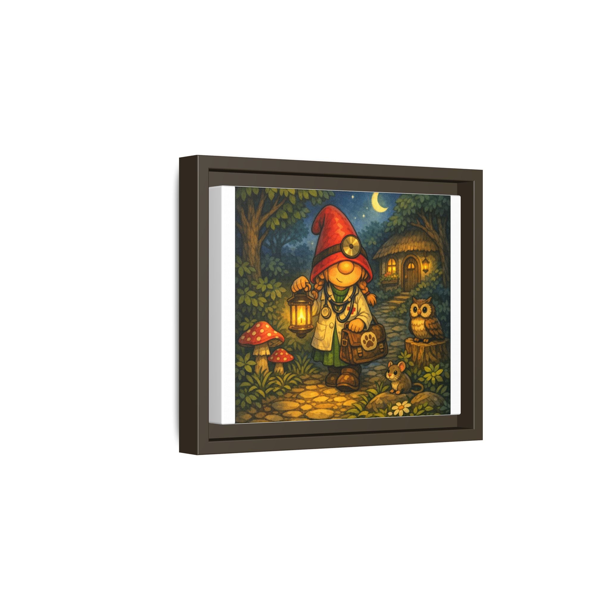 Framed Canvas Art - Whimsical Gnome Girl Vet Lantern Night Scene
