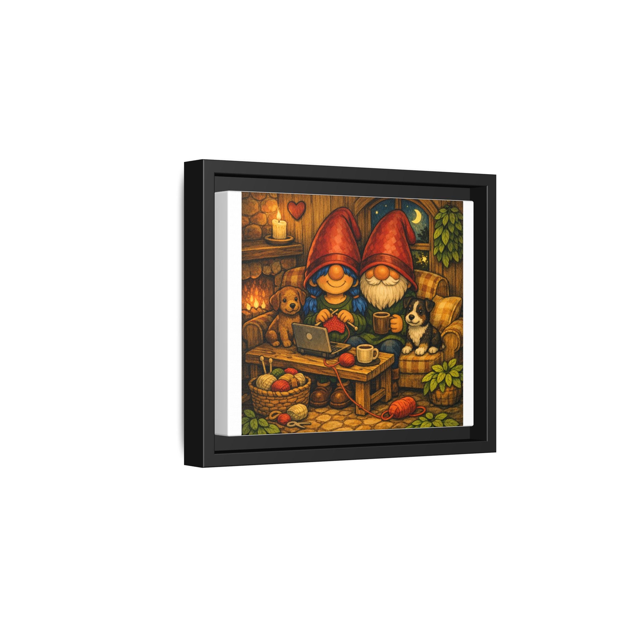 Cozy Gnome Couple Framed with Puppies Canvas Art — Warm Cottage Illustration