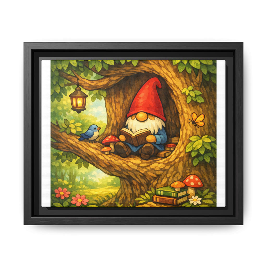 Cute Gnome Boy reading in Tree - Matte Canvas Framed Art — Back to School Teacher Gift