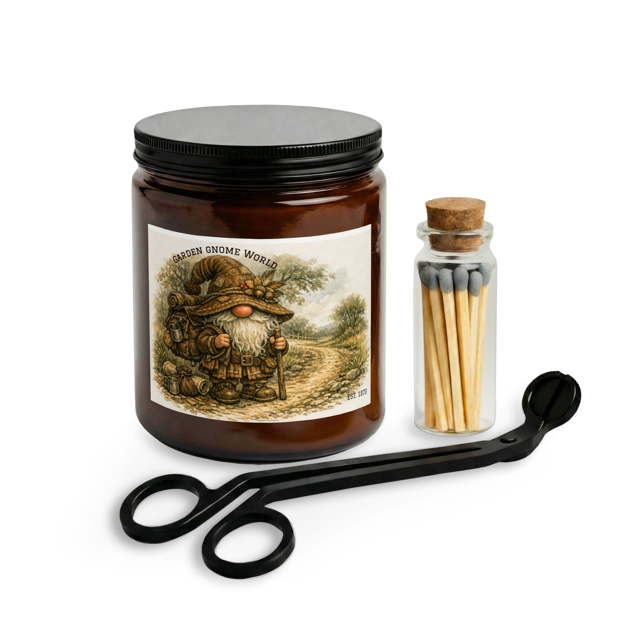 Gnome Garden Candle Set — Scented Jar Candle with Matches & Wick Trimmer