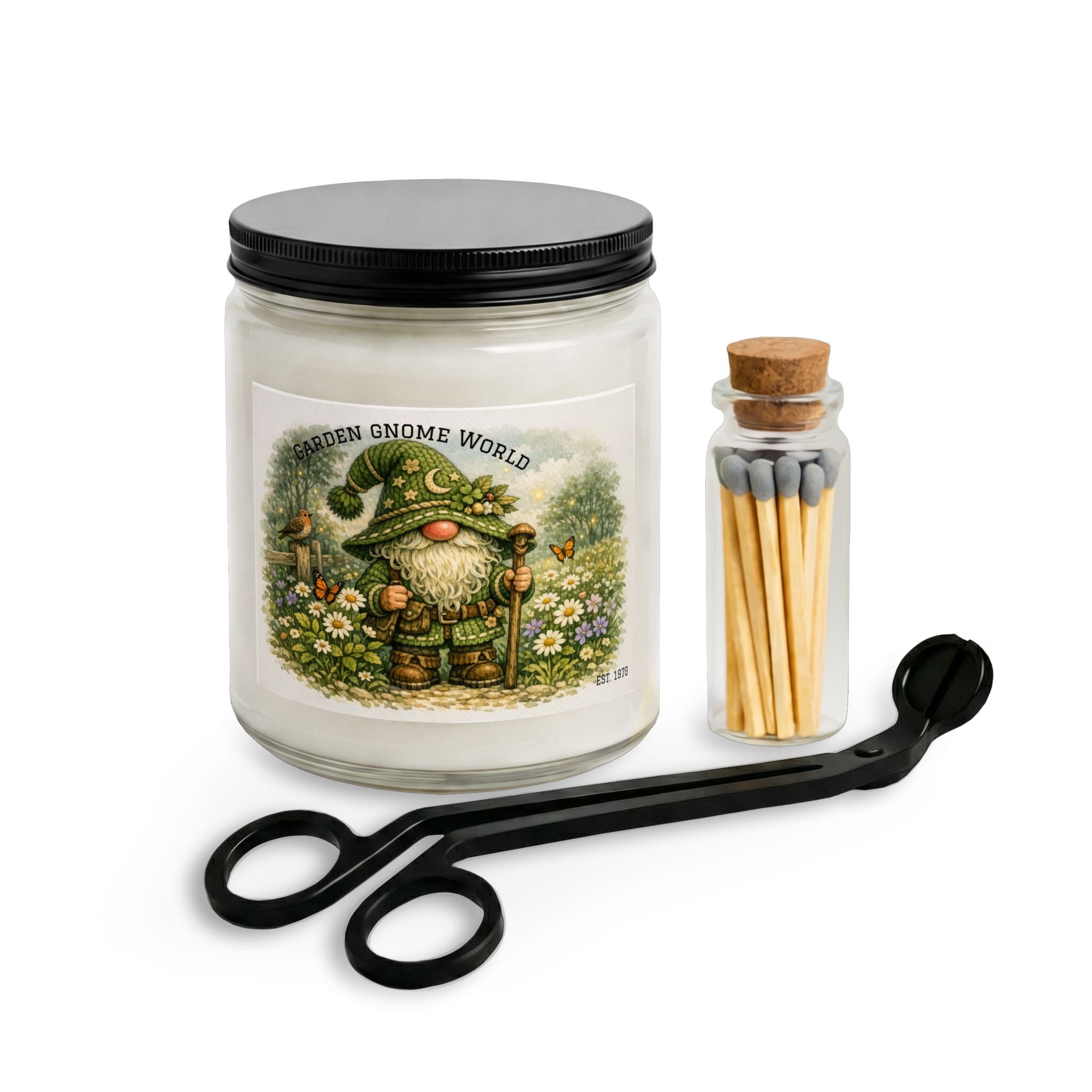 High Hat Green Garden Gnome Candle Set — Soy Jar Candle with Matches & Wick Trimmer