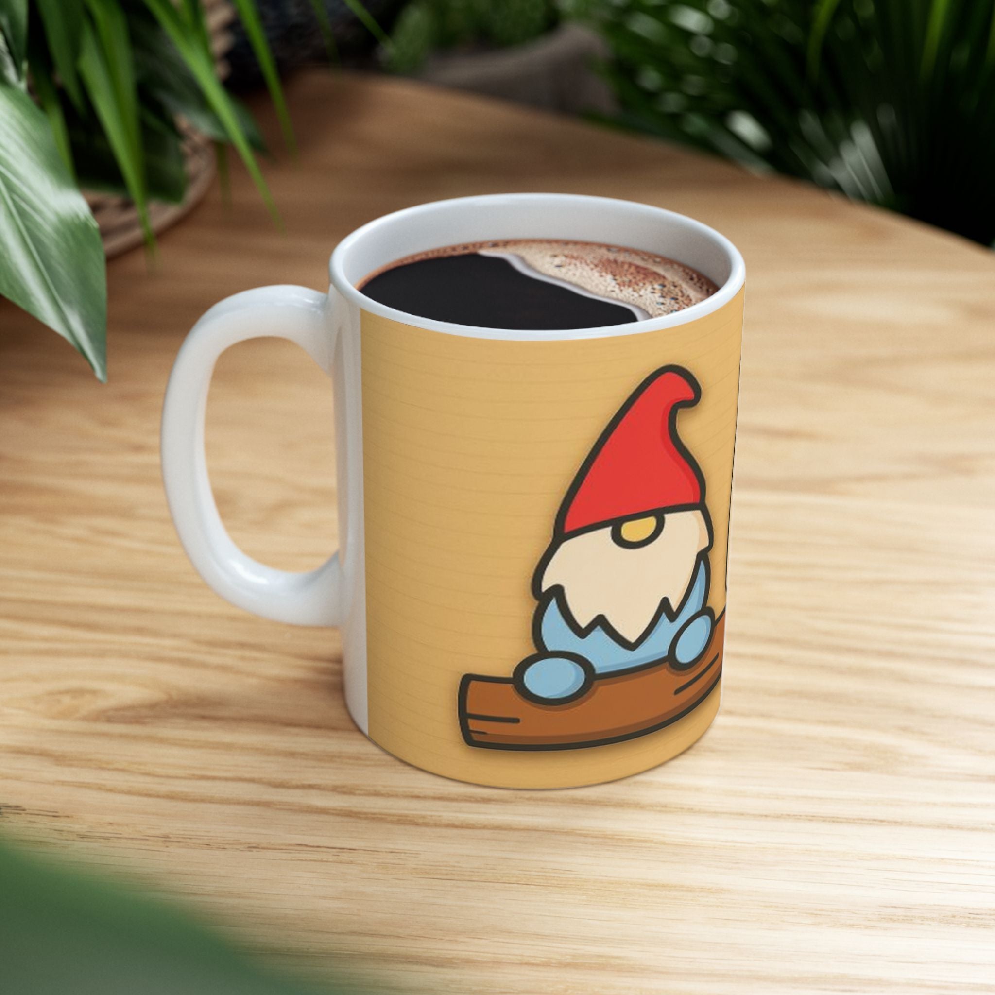 Mug with a garden gnome design on a wooden surface