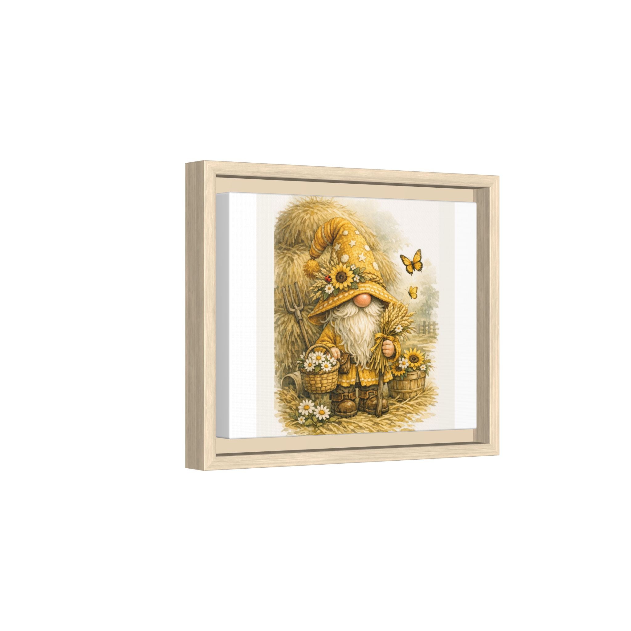 High Hat Sunflower Gnome Framed Canvas Print — Rustic Autumn Wall Art