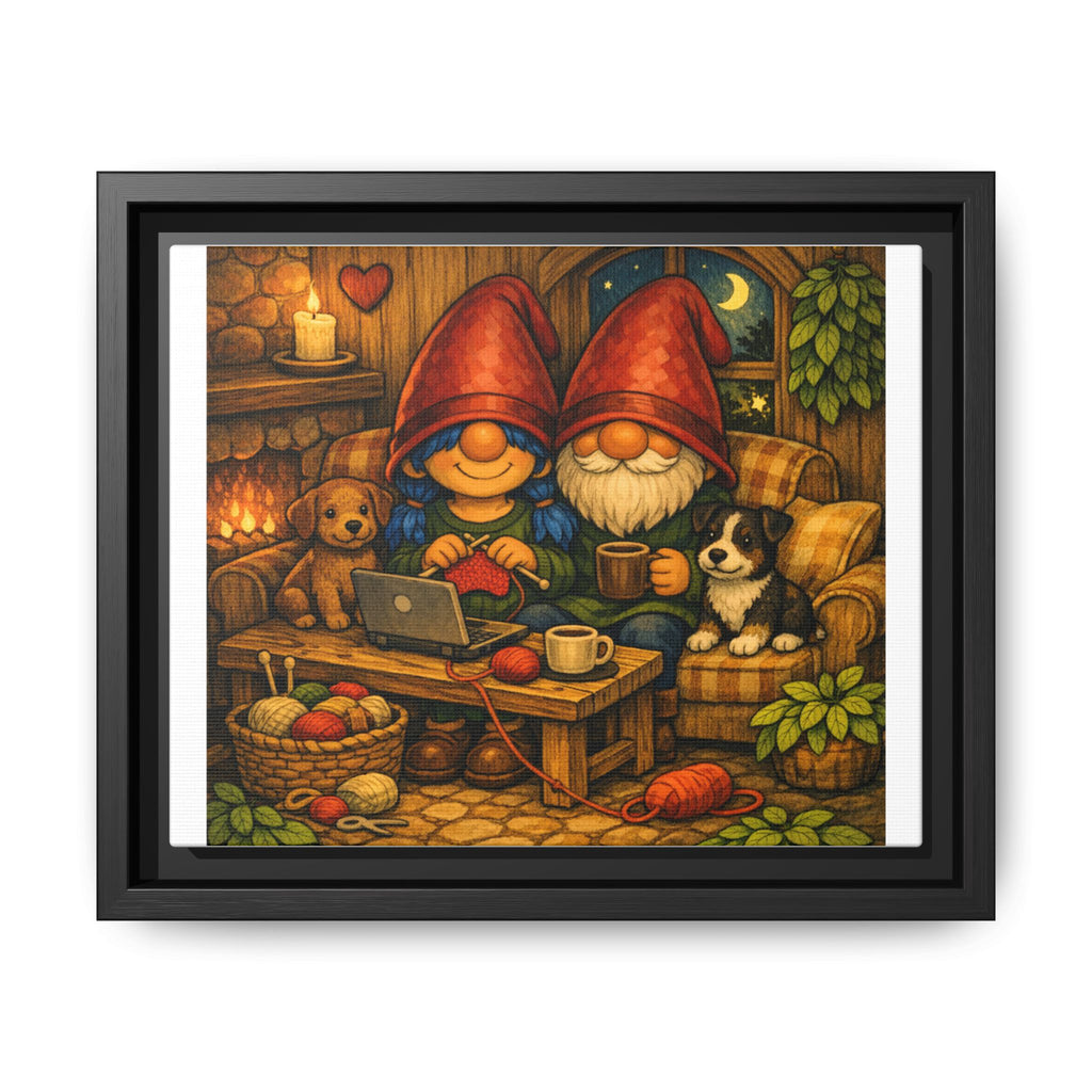 Cozy Gnome Couple Framed with Puppies Canvas Art — Warm Cottage Illustration