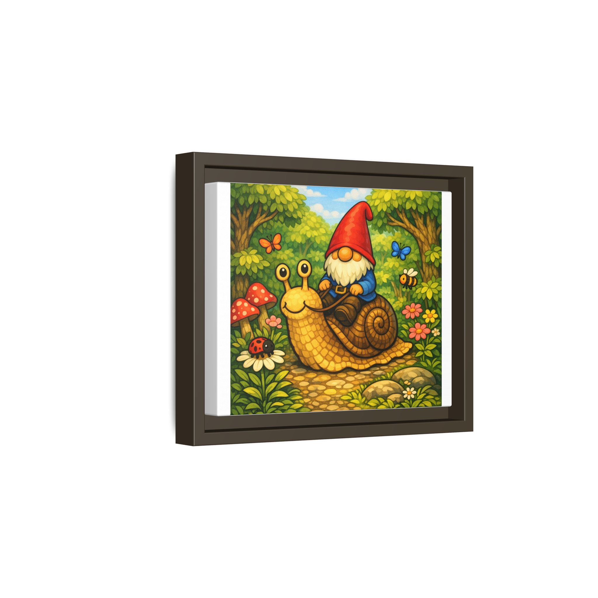 Whimsical Gnome Riding Snail Framed Canvas Print