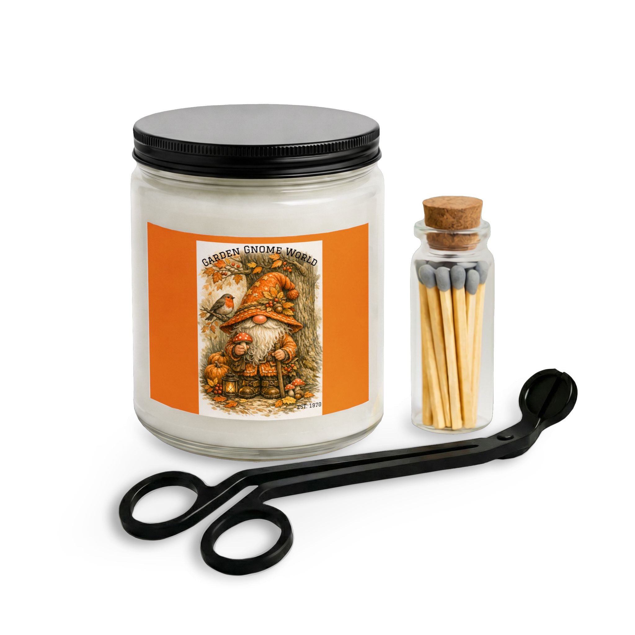 High Hat Orange Apple Garden Gnome Candle Set with Matches & Wick Trimmer – Autumn Cozy Home Décor
