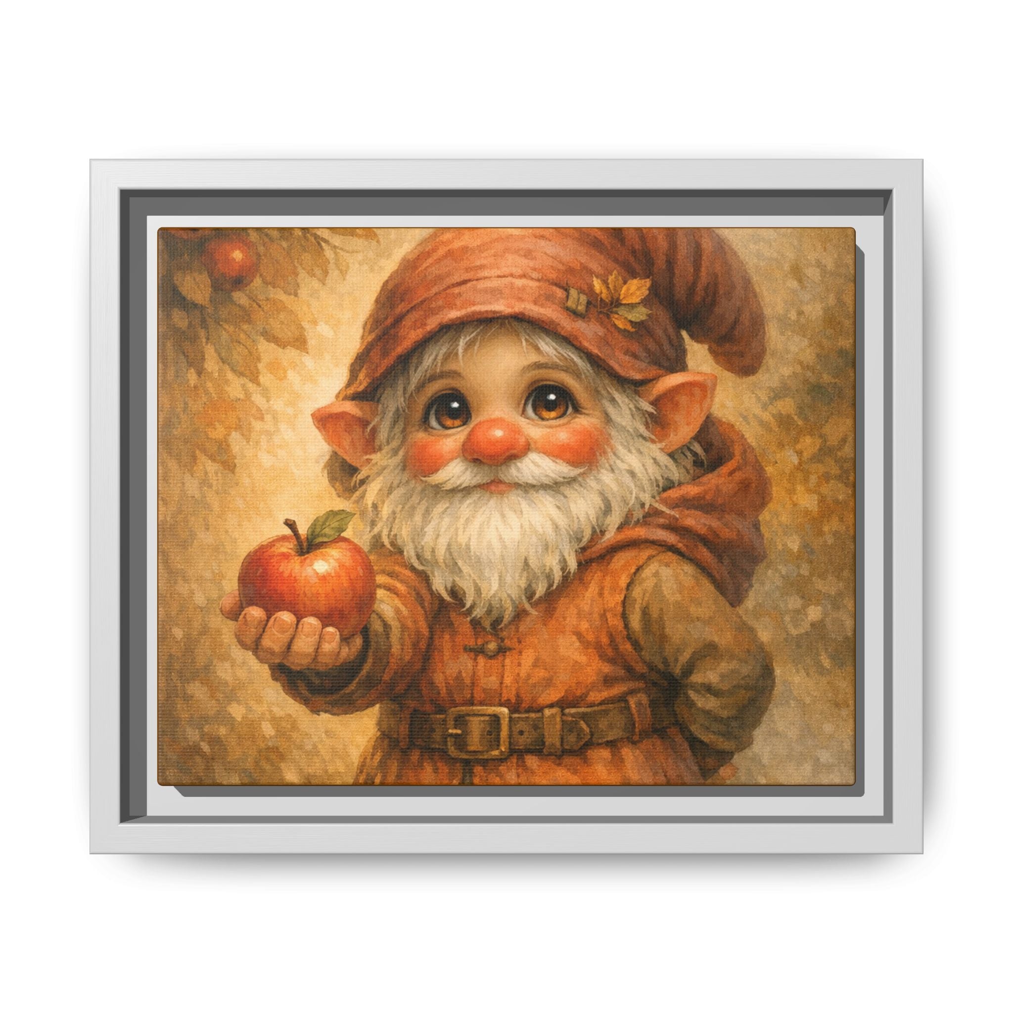 Bright Eyes Framed Gnome Canvas Print — Autumn Elf Holding Apple Wall Art