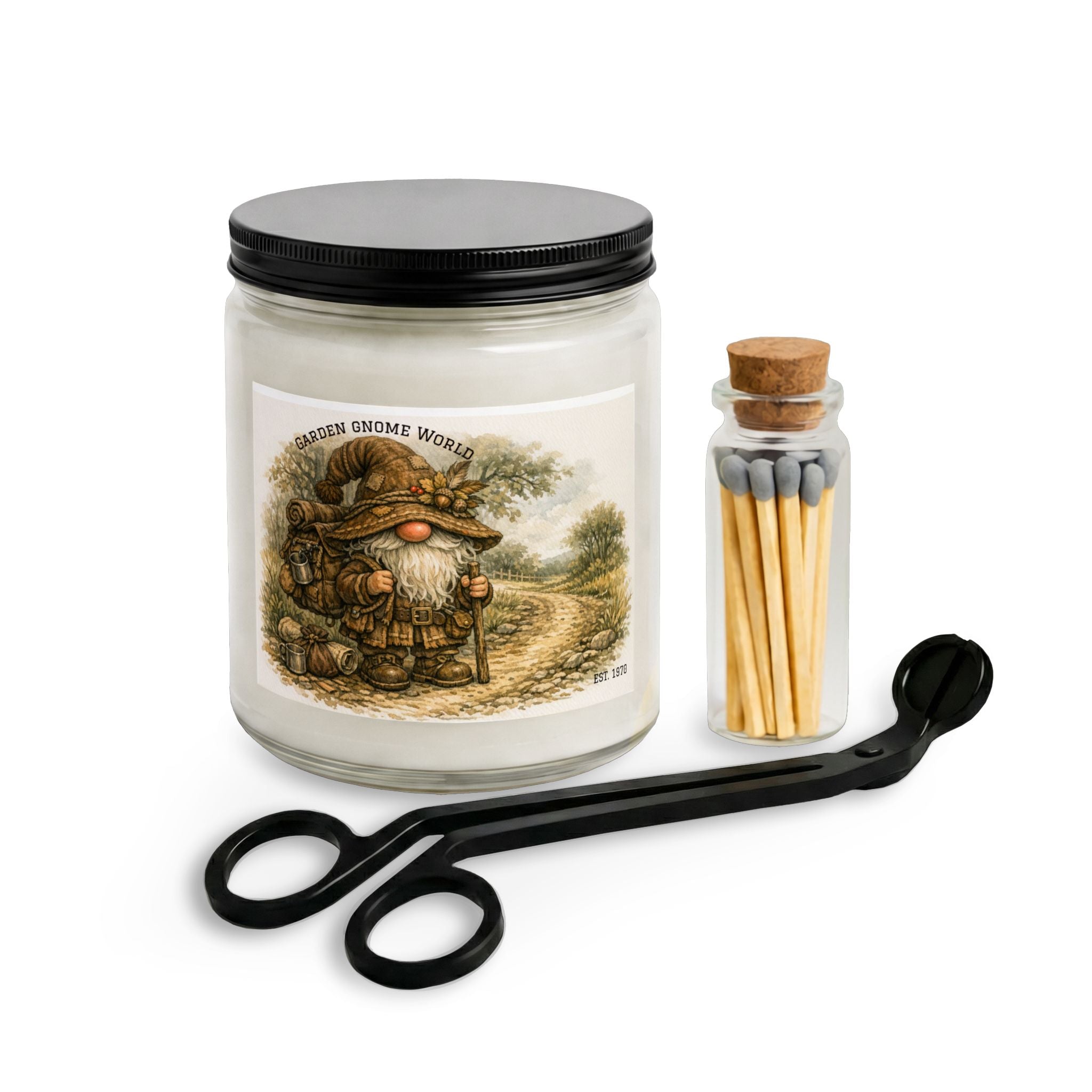 Gnome Garden Candle Set — Scented Jar Candle with Matches & Wick Trimmer