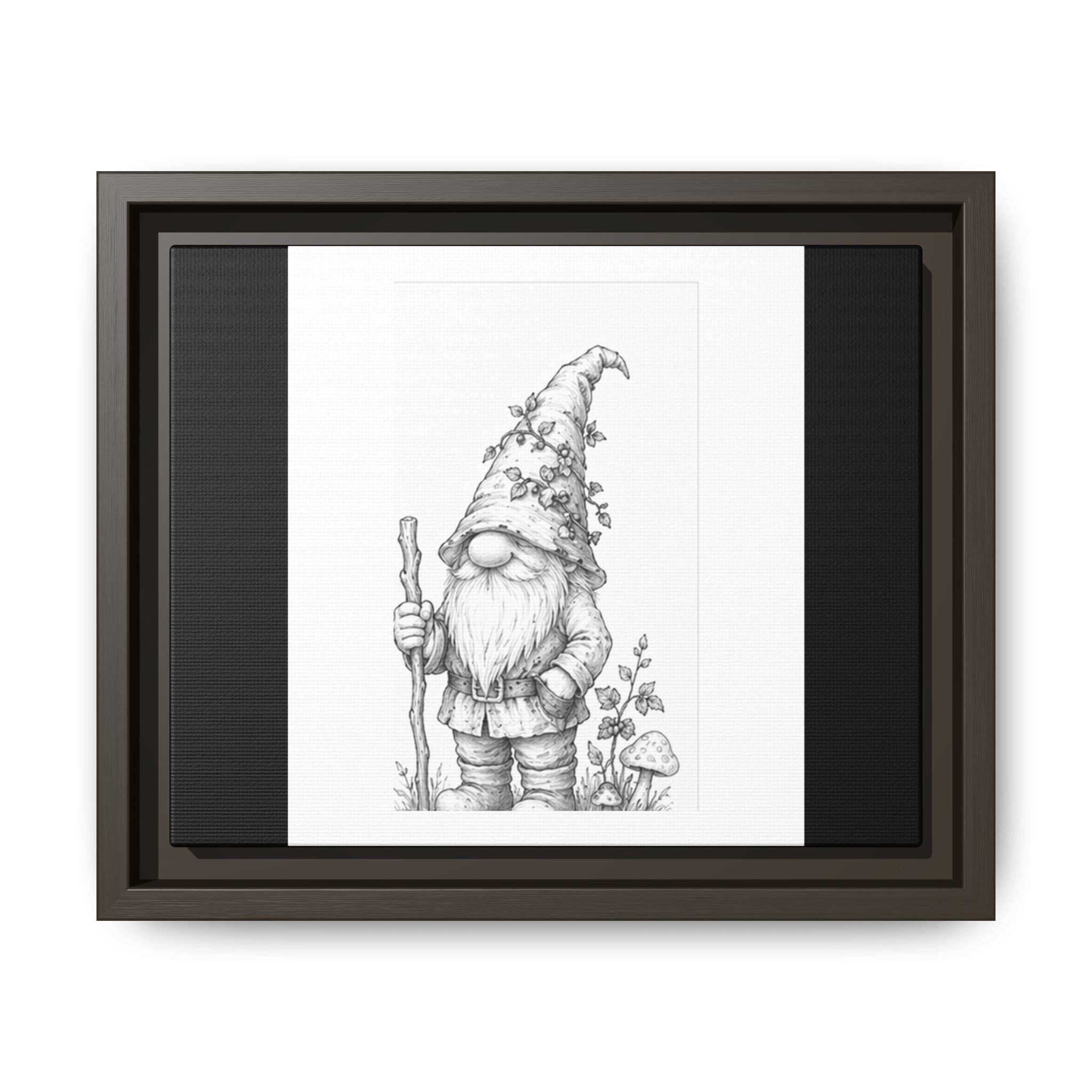 Gnome Pencil Sketch Matte Canvas Framed Print — Whimsical Woodland Home Decor - Bramble