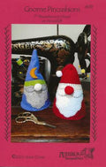 Gnome Pincushions pattern cover showing two bearded gnomes, one in a blue moon hat and one in a red hat.