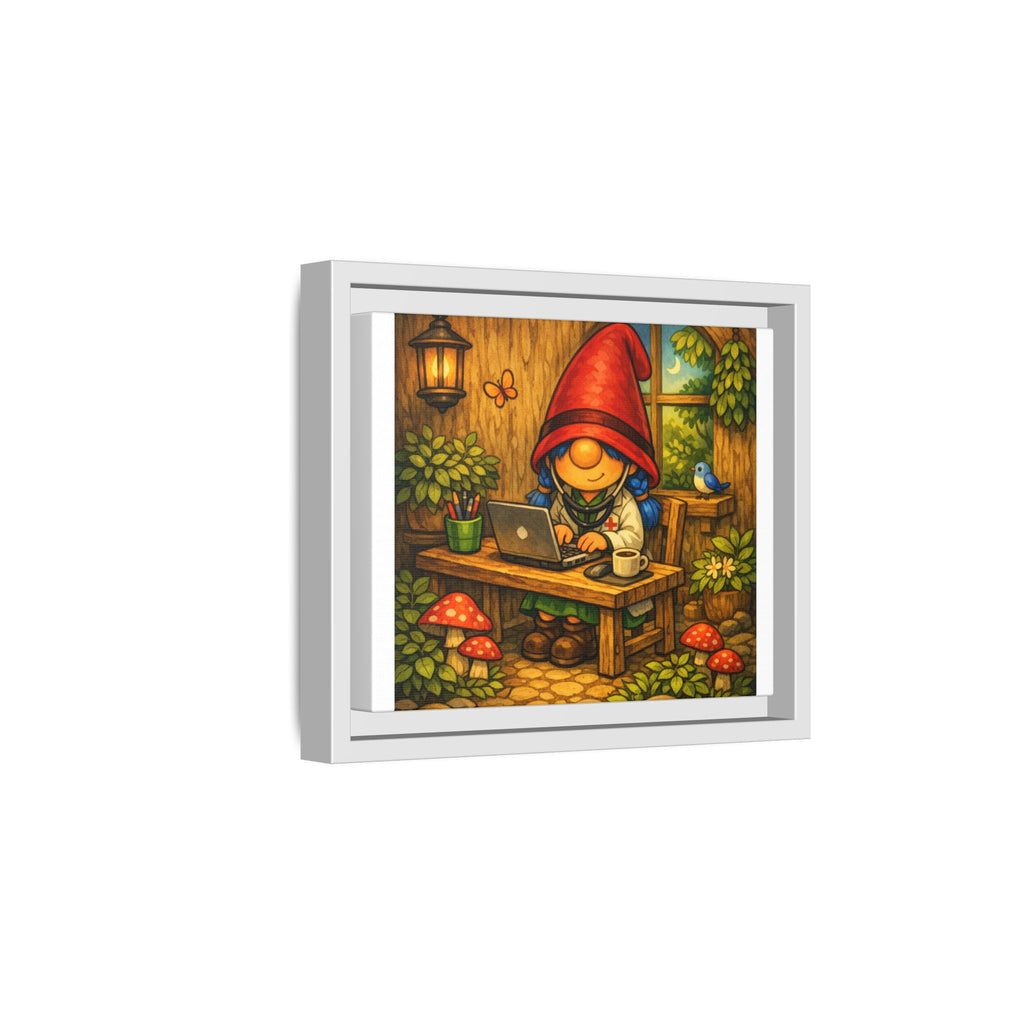 Gnome Girl Doctor at Work Framed Matte Canvas — Cozy Woodland Office Art Print