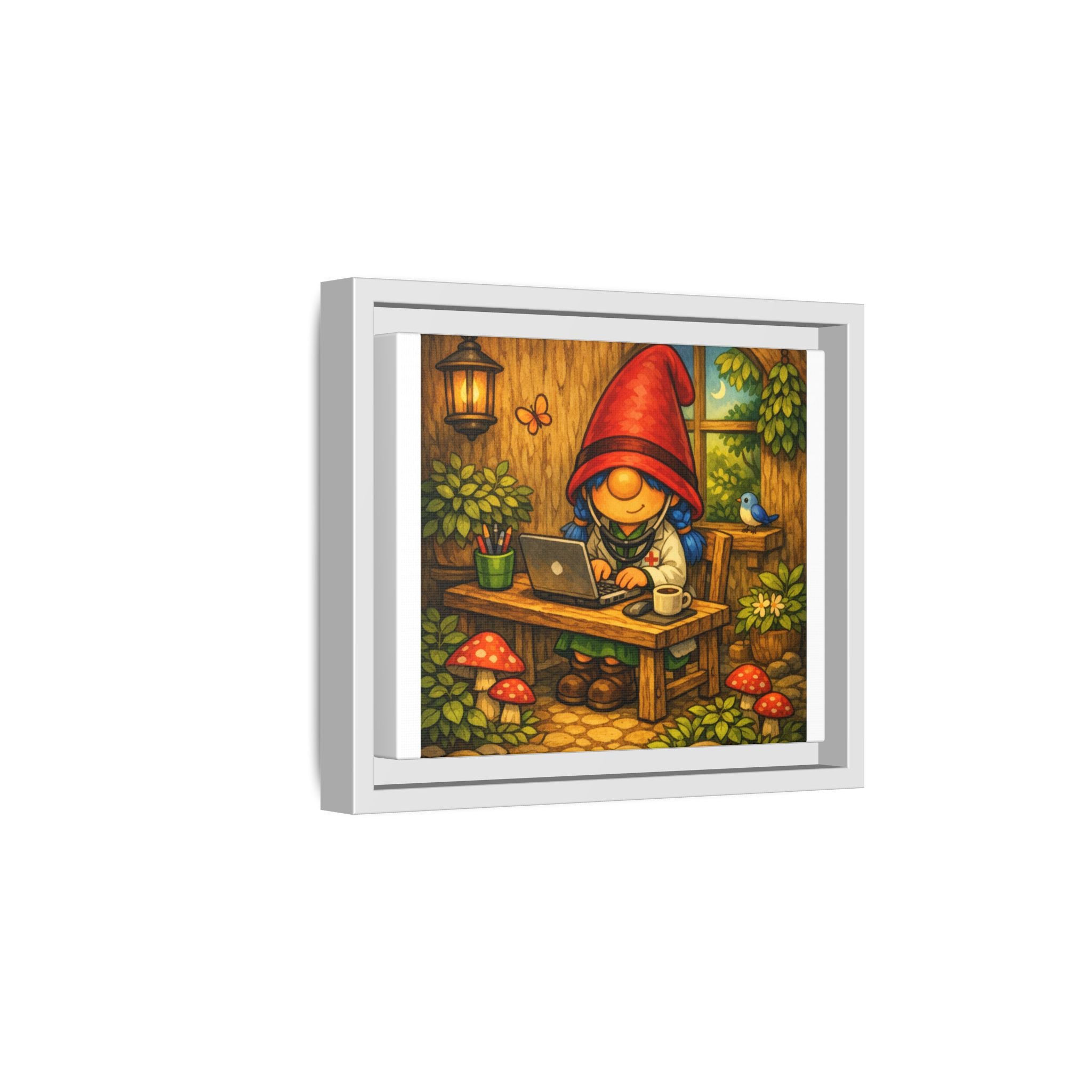 Gnome Girl Doctor at Work Framed Matte Canvas — Cozy Woodland Office Art Print