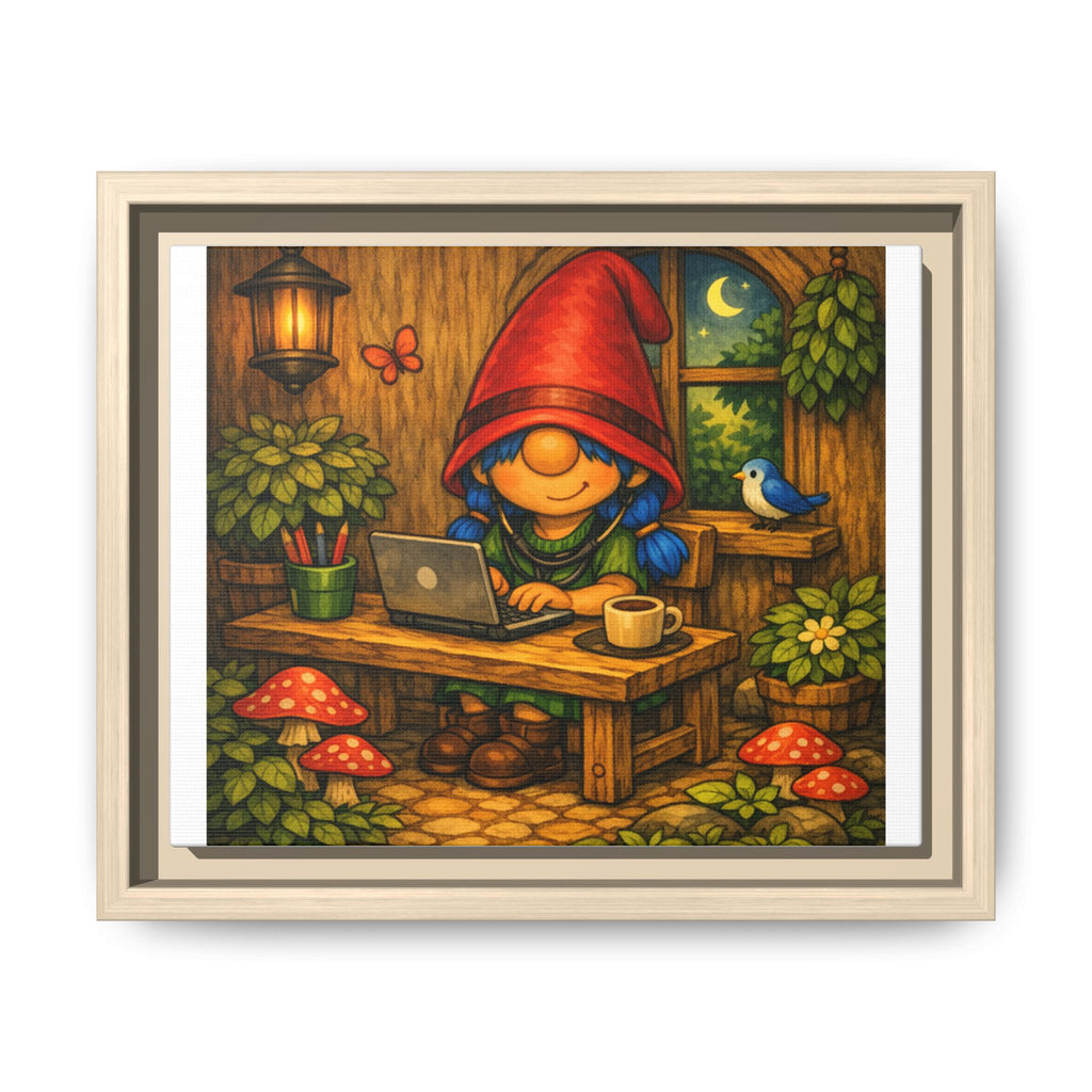Gnome Girl with Blue Hair Workspace Framed Canvas Art — Cozy Night Cottage Illustration