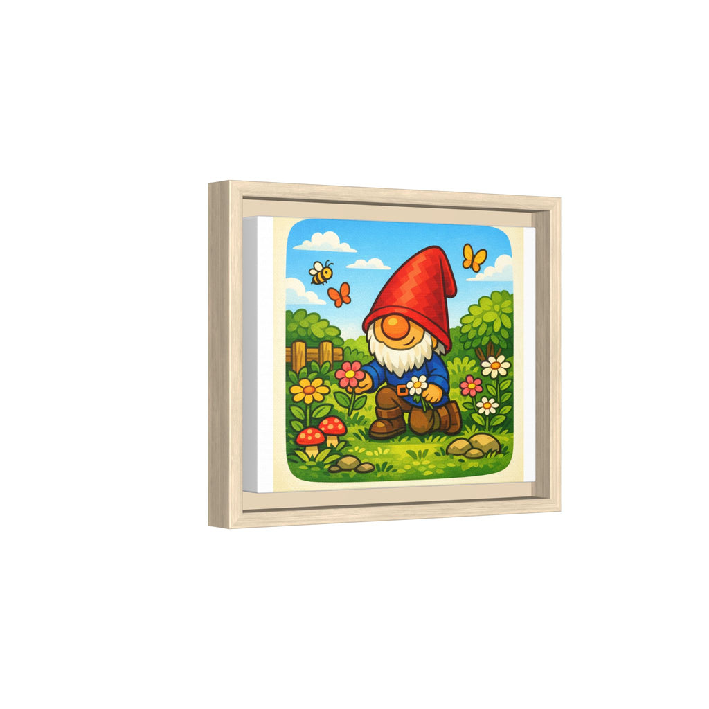 Framed Gnome Boy Garden picking Flowers Matte Canvas Print — Whimsical Woodland Wall Art