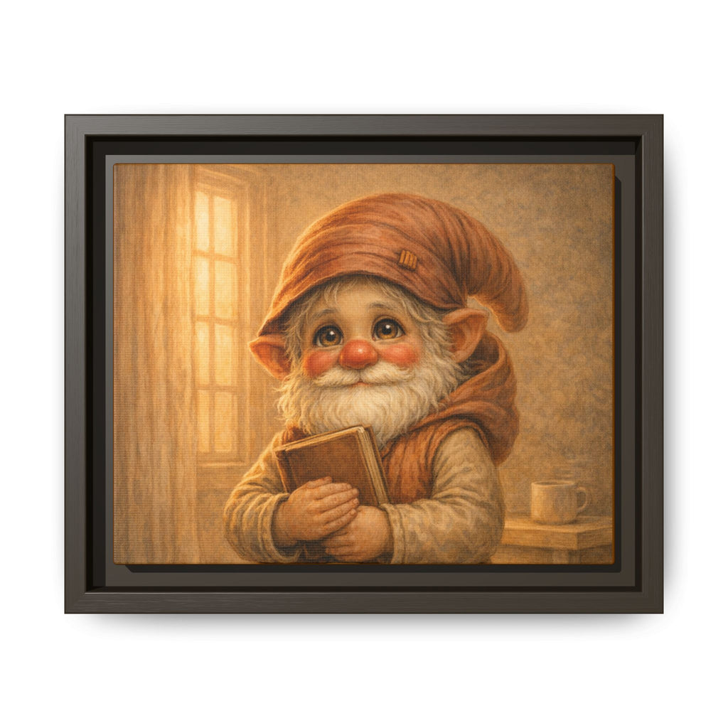 Framed Matte Canvas — Bright Eyes Whimsical Gnome Holding Book Wall Art