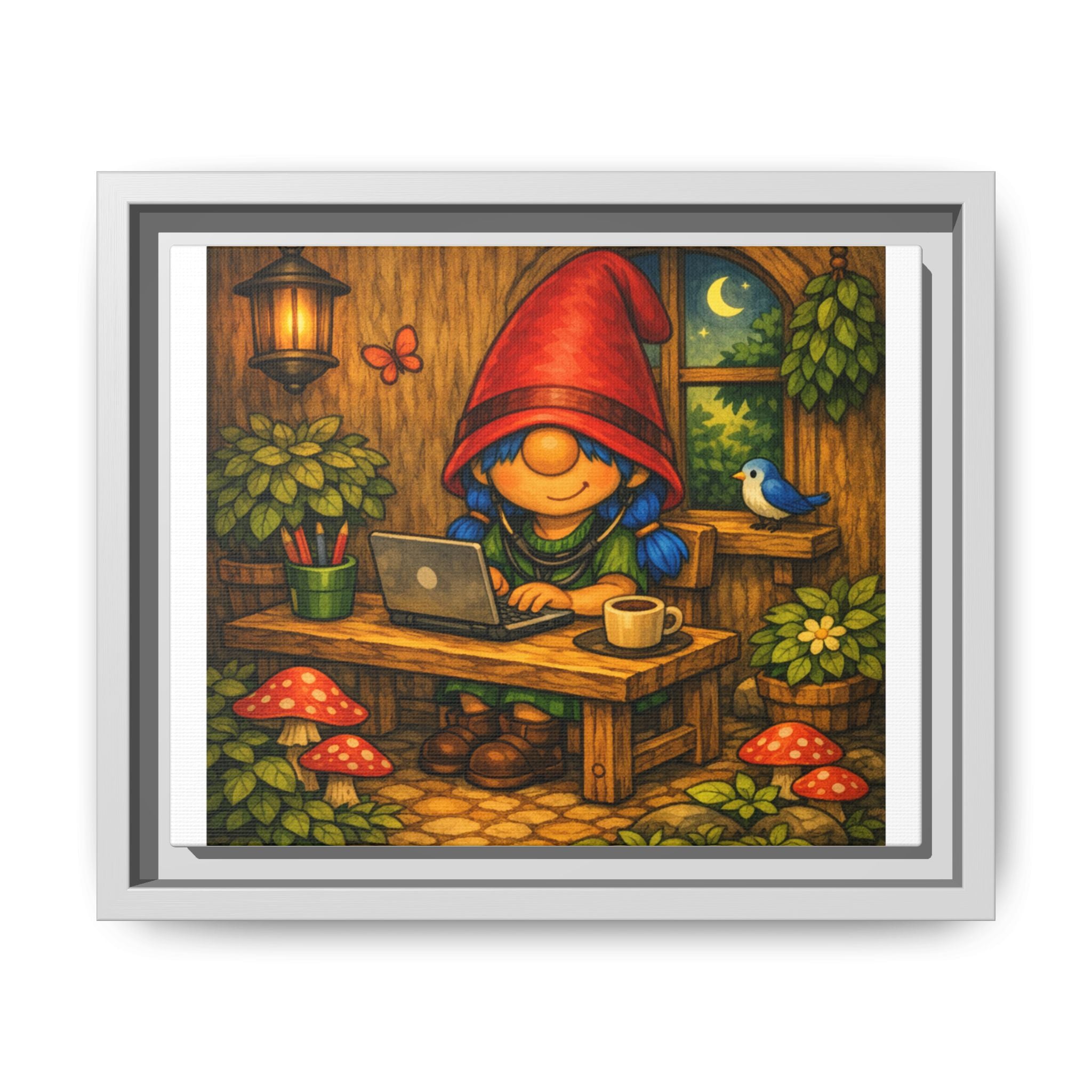 Gnome Girl with Blue Hair Workspace Framed Canvas Art — Cozy Night Cottage Illustration