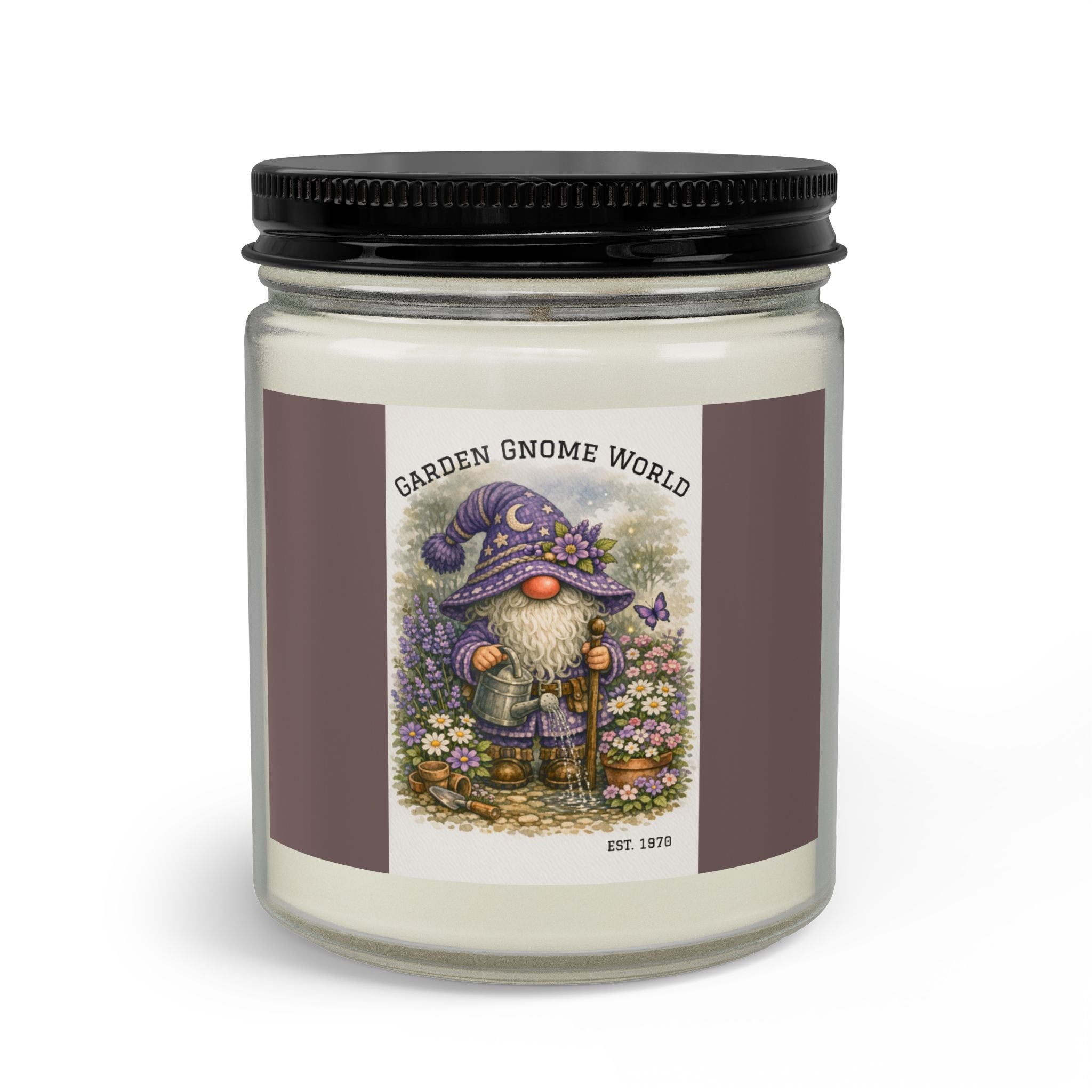 Purple High Hat Garden Gnome Candle Set with Matches & Wick Trimmer — Whimsical Floral Scented Jar
