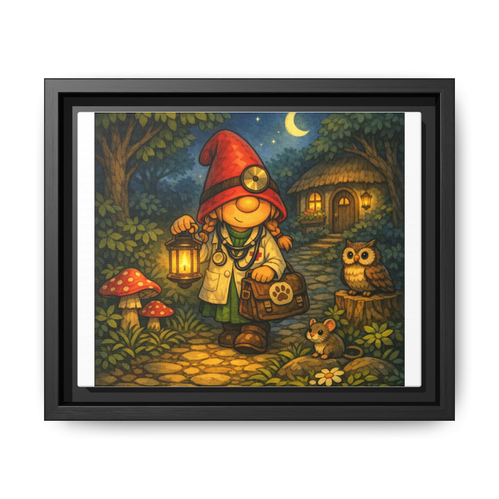 Framed Canvas Art - Whimsical Gnome Girl Vet Lantern Night Scene