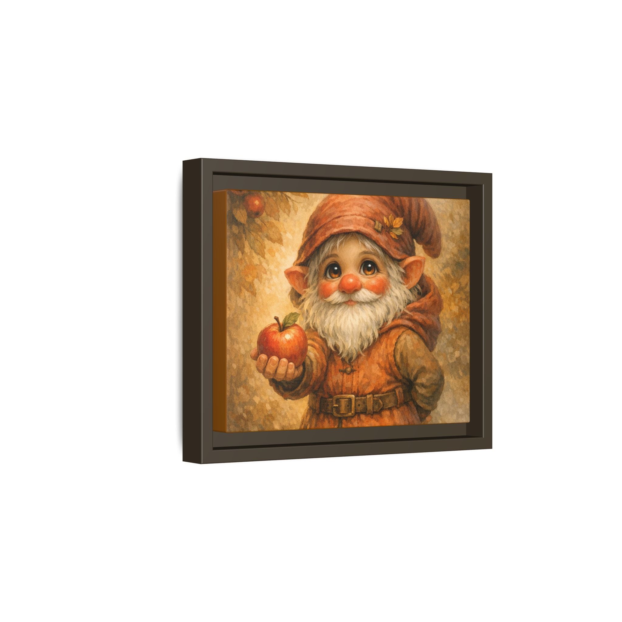 Bright Eyes Framed Gnome Canvas Print — Autumn Elf Holding Apple Wall Art